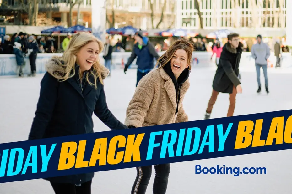 Black Friday Bokking Angebotsbanner mit zwei Frauen auf Schlittschuhen und Booking.com Logo