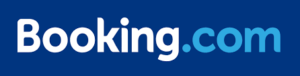 Logo von Booking.com in weisser und hellblauer auf dunkelblauem Hintergrund
