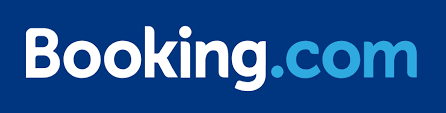 Logo con Booking.com in weisser und türkiser Schrift auf dunkelblauem Hintergrund